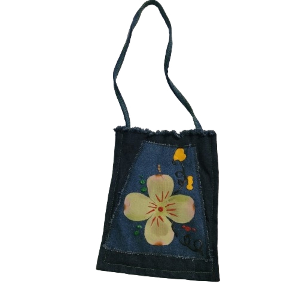 Denim Beach bag flower floral small bag hand crafted - Picture 2 of 6